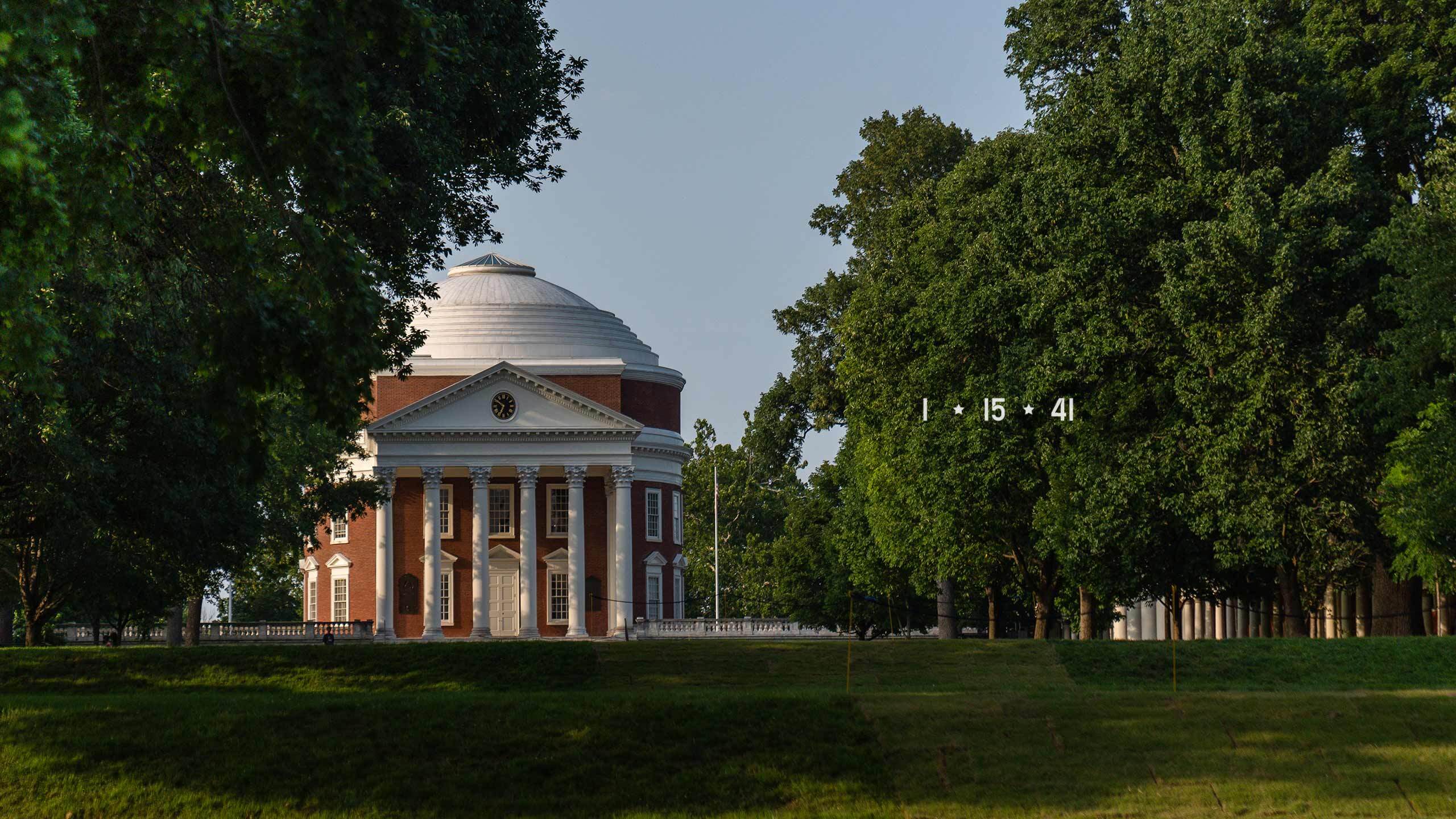 Lawn view of the Rotunda in summer overlayed with the numbers 1, 15, and 41