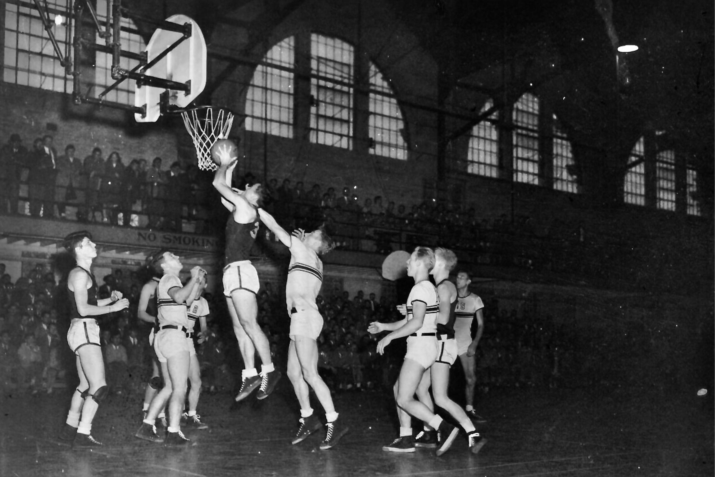 Old UVA mens basketball team playing during a game