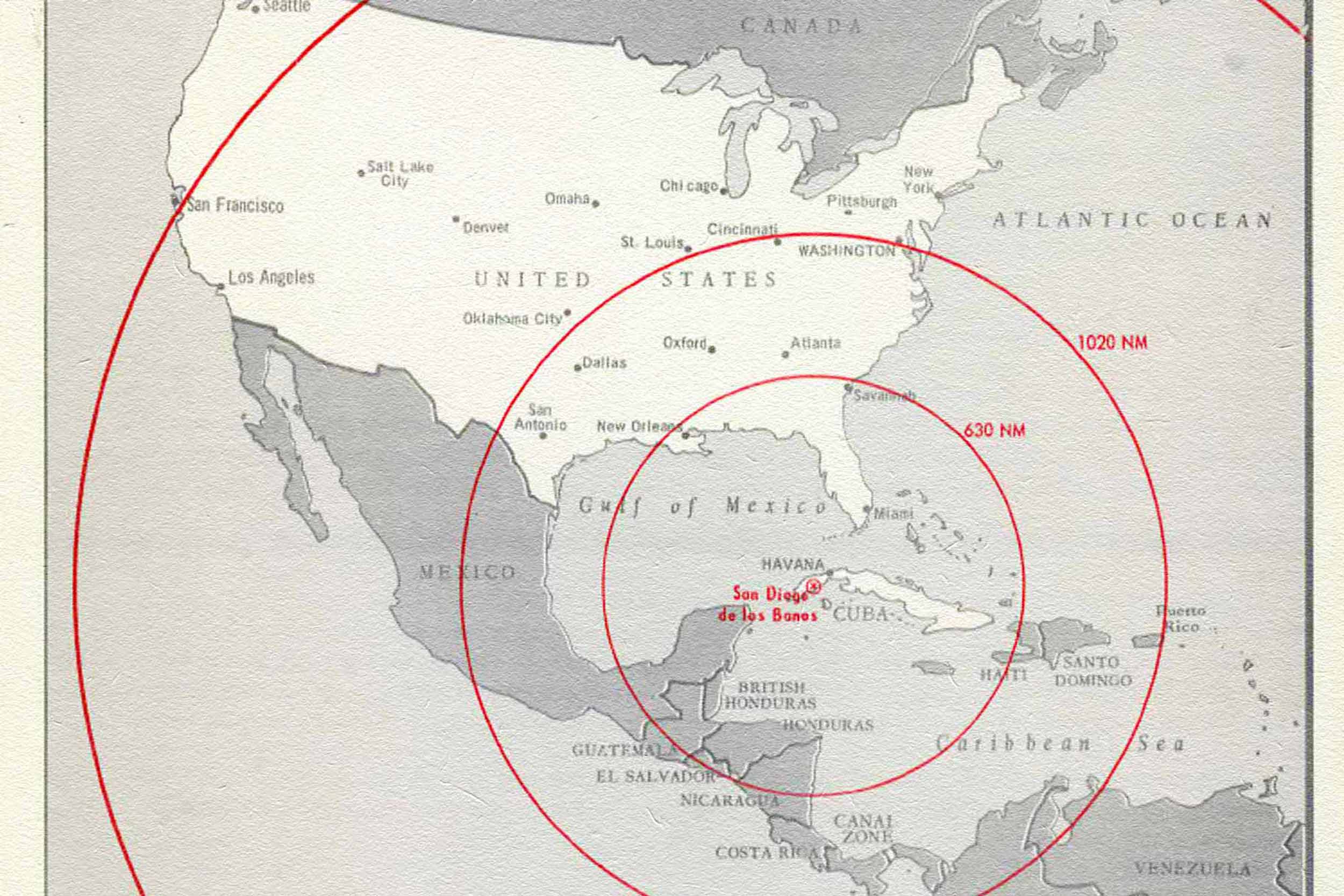 Map of the USA and central America with red circles showing missile ranges