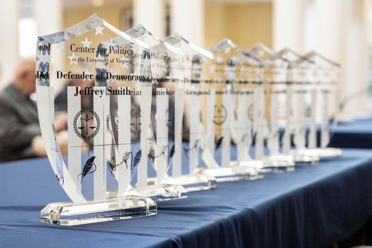 Glass awards sitting on a table