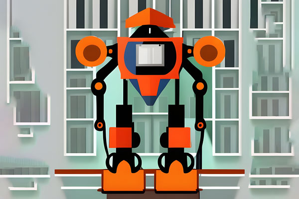 A.I. Generated Illustration of an Orange Robot in Front of an Office Building