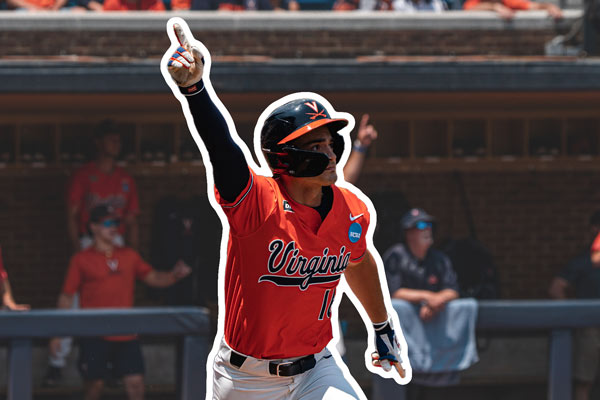 Baseball player with hand and pointer finger in the air while running onto the field