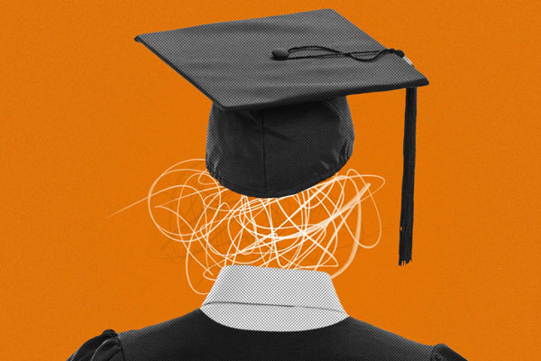 Illustration of scribbled anxios lines in a graduation cap and gown