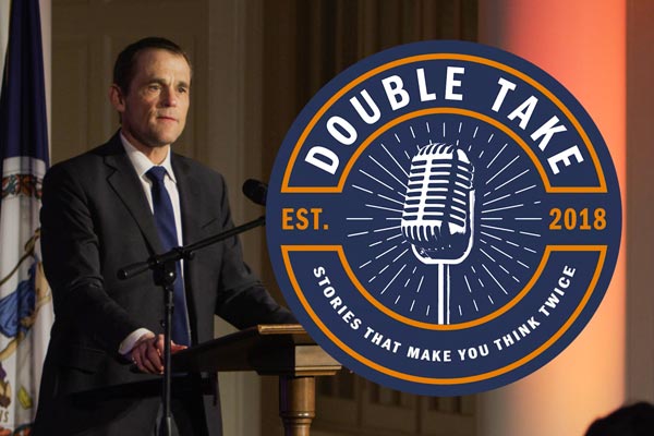 UVA President Jim Ryan standing at a podium overlayed by an illustration that says “Double Take, Stories that make you think twice, Established 2018.”