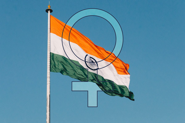 Symbol for female overlayed over the flag of India.