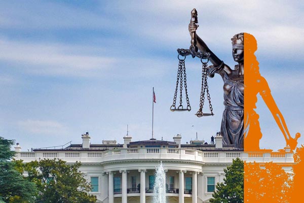 Illustration of Lady Justice overlayed a photo of the White House