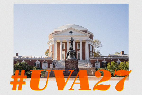 Illustration of # U V A 27 over a photo of the Rotunda