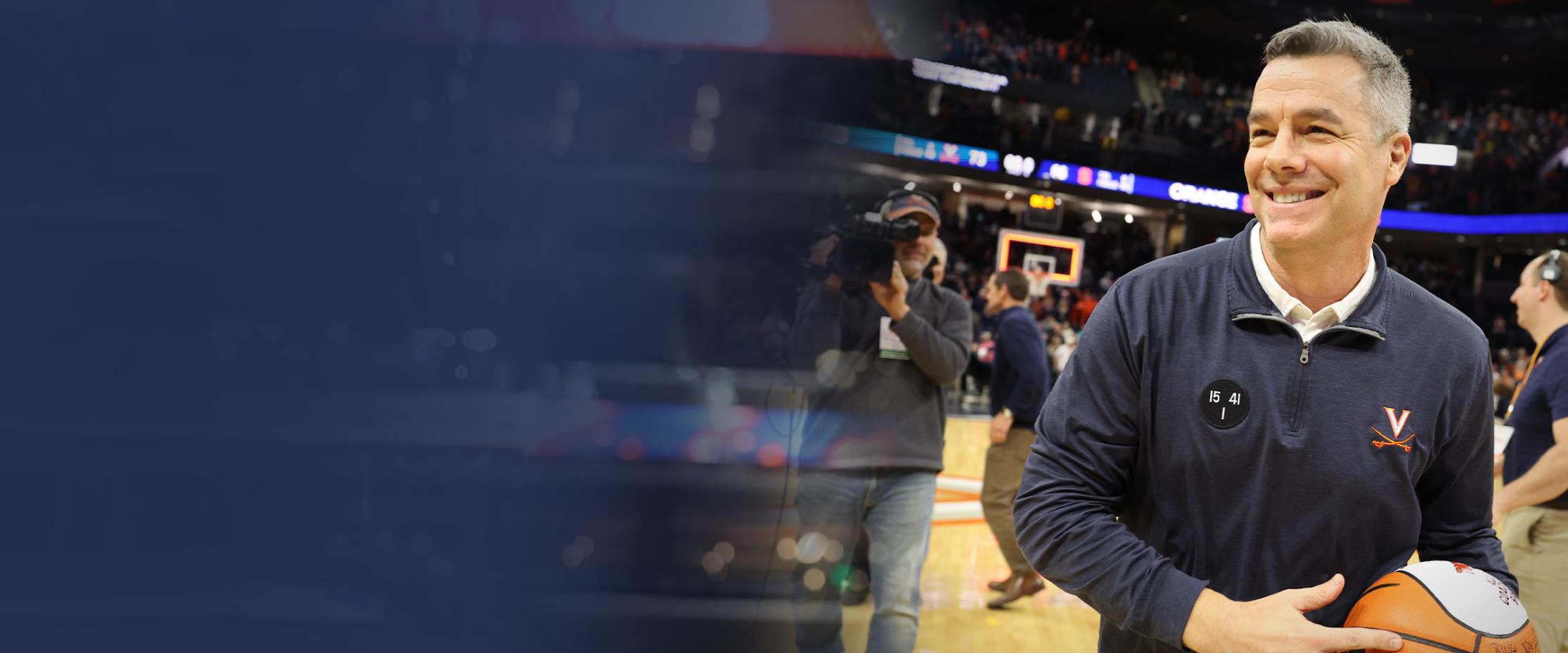 Tony Bennett speaking at a conference announcing his retirement from UVA Basketball