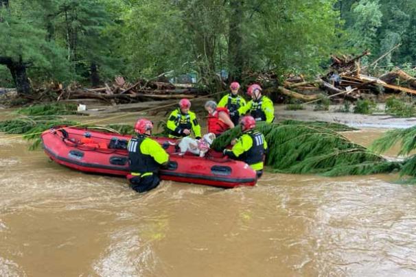 A rescue boat stops by a downed tree in some deep water to help a resident and dog from the storm flooding