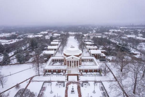 An aerial view of the snowy Rotunda