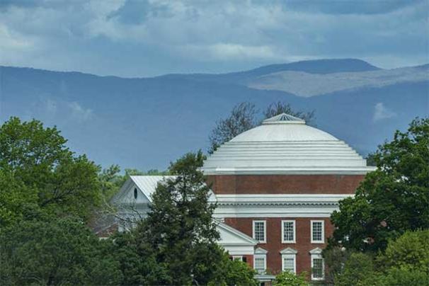 The blue ridge visible over the Rotunda with cloud cover