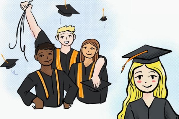Graphic illustration of four graduates celebrating