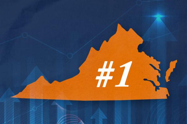 A graphic illustration of an orange state of Virginia over a blue chart background.