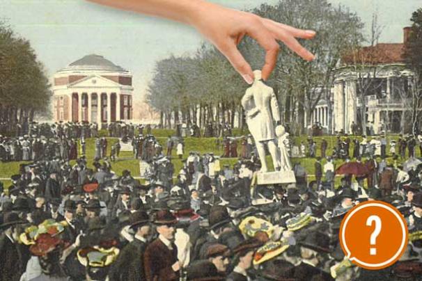 An illustration of a very old picture featuring the background of the UVA Rotunda with a crowd on the lawn, and a hand emerging to hold a statue of James Monroe.