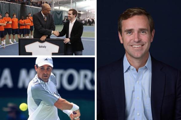 A collage of portraits featuring Brian Vahaly: shaking hands with a person during his jersey retirement, in action at a tennis tournament, and a smiling portrait.