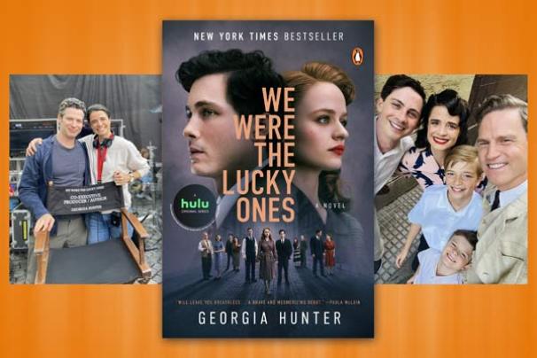 A collage of Georgia Hunter, left, bestselling author of “We Were the Lucky Ones,” stands behind her co-producer’s chair with Thomas Kail, who directed the Hulu series based on her book. Hunter and her husband, Robert Farinholt, seen to the left 